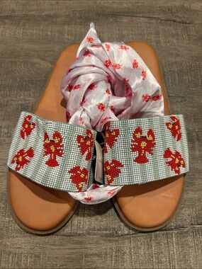 Beaded Hair Scarf Slide — Red & White Lobster Accent